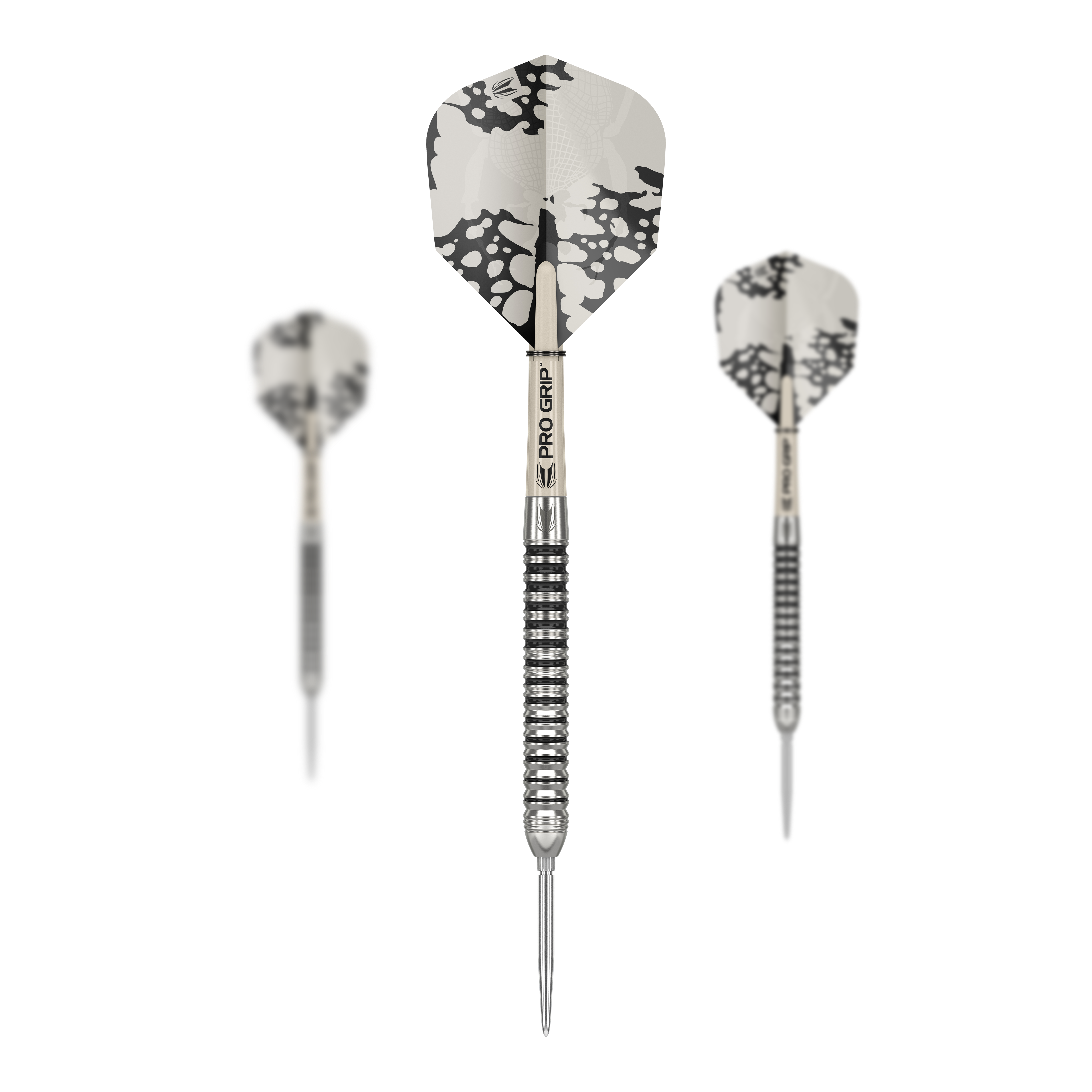Das Bild zeigt die Target EXO SP01 Swiss Point Steeldarts mit schwarz-silbernem Design. Drei Darts mit strukturierten Griffen und auffälligen Flights sind zu sehen.